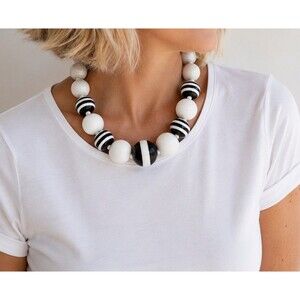 VTG VCLM Signed Mod Black White Striped Resin Bead Statement Choker Necklace 80s